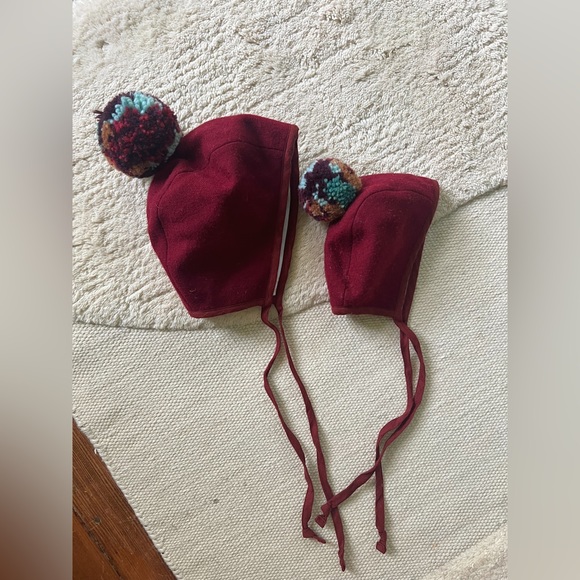 Briar Handmade wool felt yarn bonnet pom pom red rust green teal navy 2T-4T 24m - Picture 2 of 9